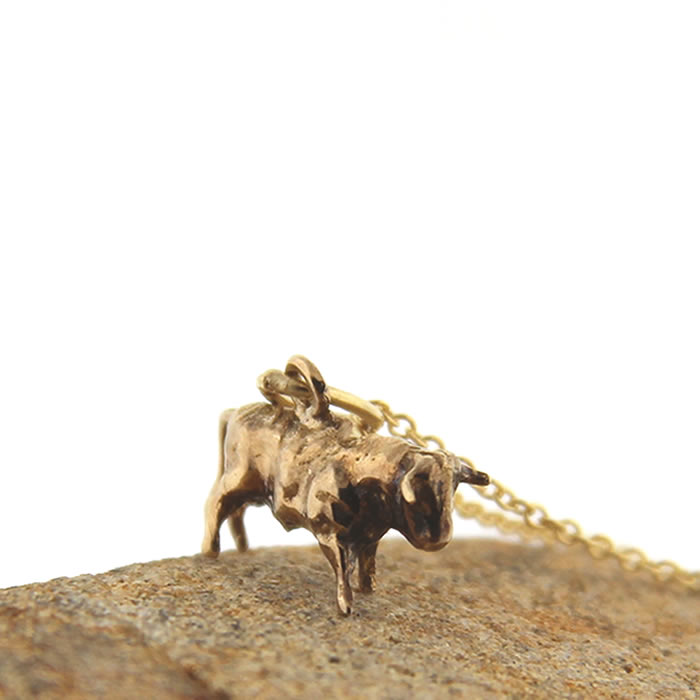 Yellow Gold Bull Charm Necklace - Click Image to Close