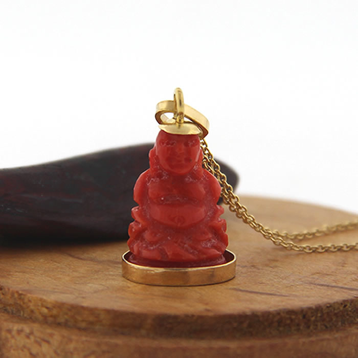 18K Coral Buddha Pendant Necklace