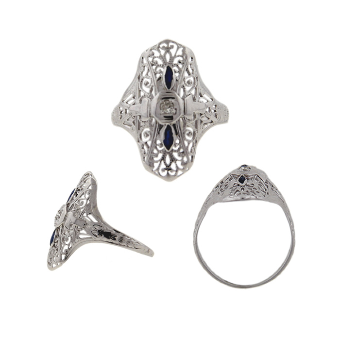 Diamond and Sapphire Navette Filigree Ring