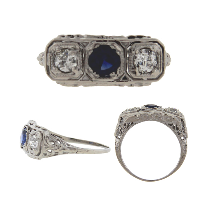 Antique Three Stone Diamond and Sapphire Ring