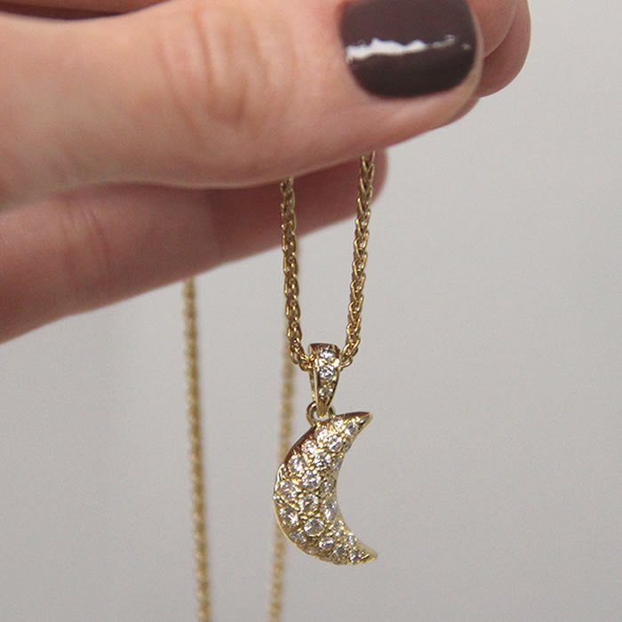 Puffed Crescent Moon Diamond Pendant Necklace - Click Image to Close
