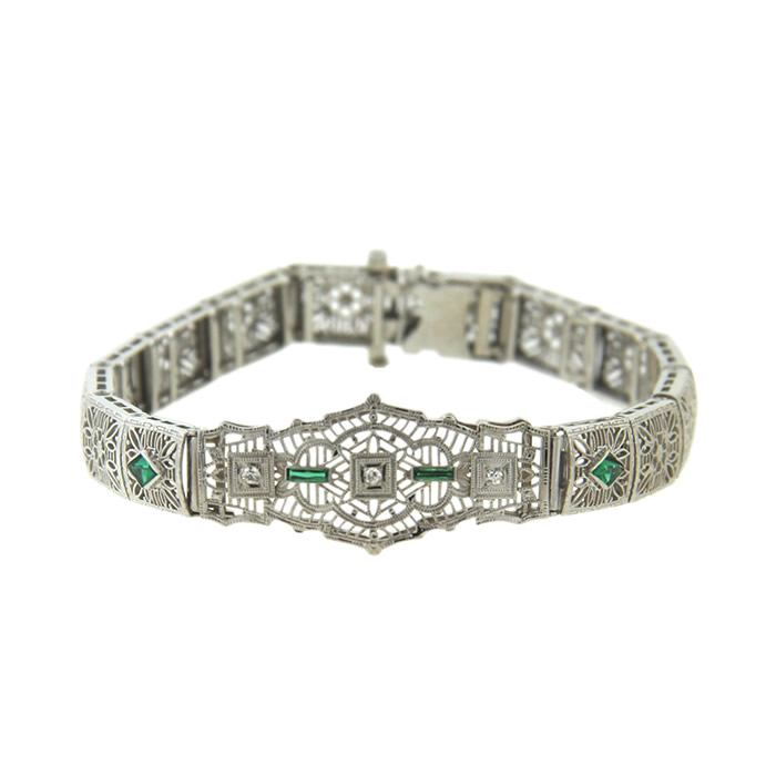 Art Deco Emerald and Diamond Filigree Bracelet