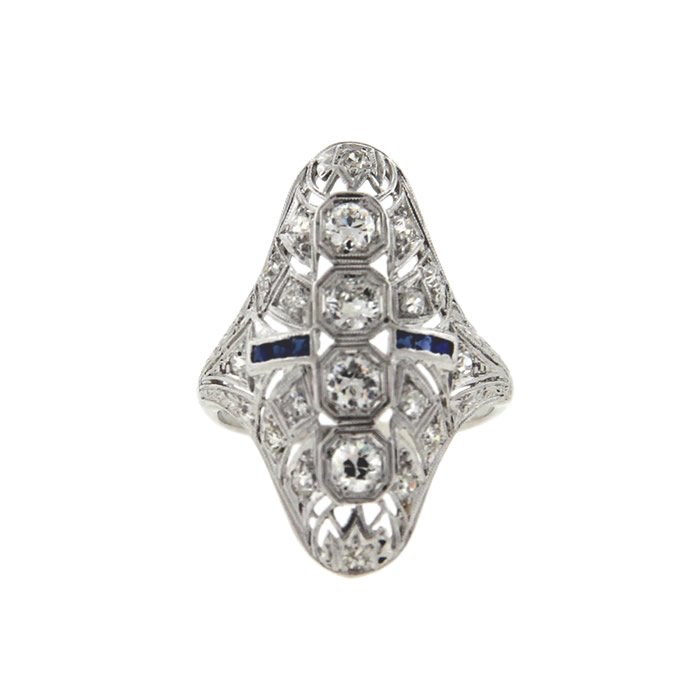 Platinum Filigree Diamond and Sapphire Ring