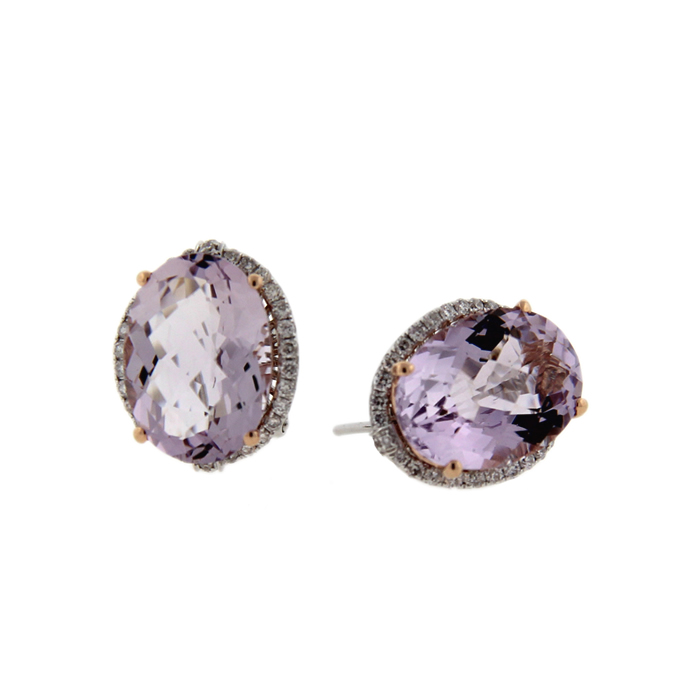 Pink Amethyst Diamond Halo Stud Earrings - Click Image to Close