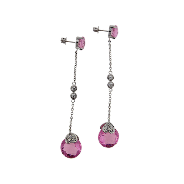 Pink Cubic Zirconia and Diamond Dangle Earrings - Click Image to Close