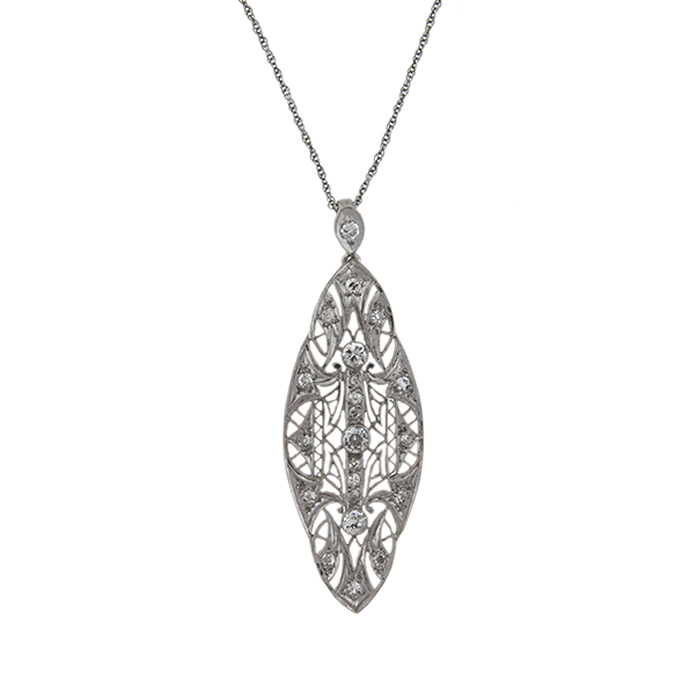 Antique Platinum and Diamond Filigree Pendant Necklace