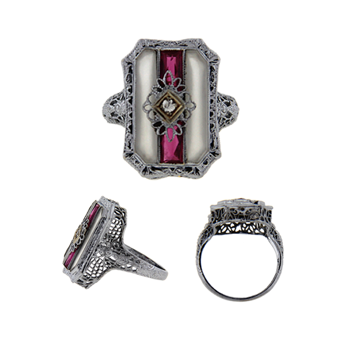 Camphor Glass and Ruby Filigree Ring