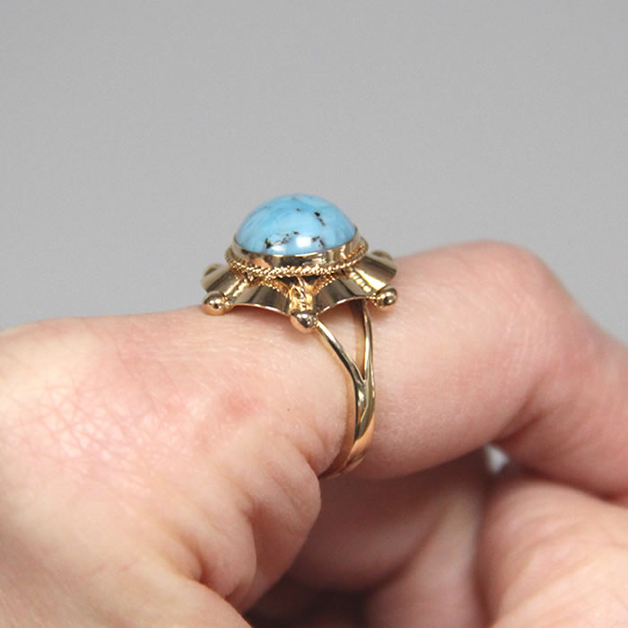 Turquoise and Beaded Yellow Gold Ring - Click Image to Close