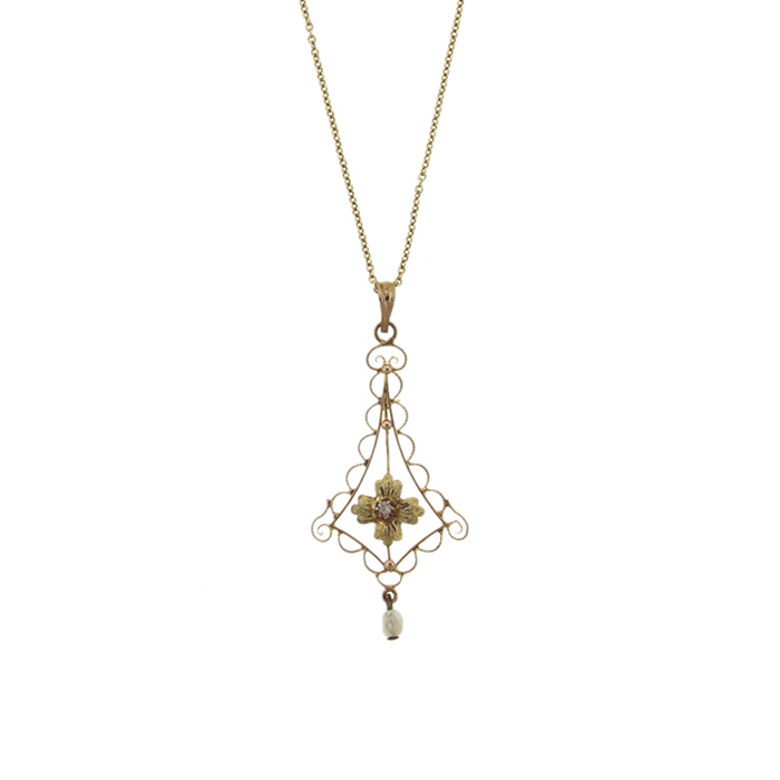 Filigree Diamond and Pearl Pendant Necklace
