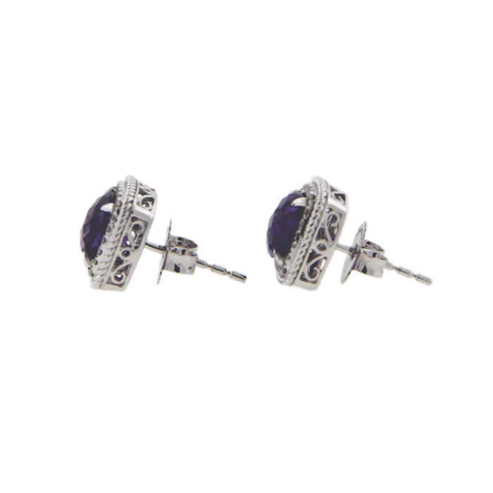 Cushion Cut Amethyst and Diamond Halo Stud Earrings - Click Image to Close