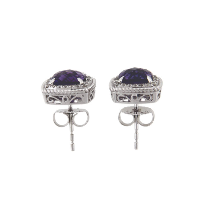 Cushion Cut Amethyst and Diamond Halo Stud Earrings - Click Image to Close