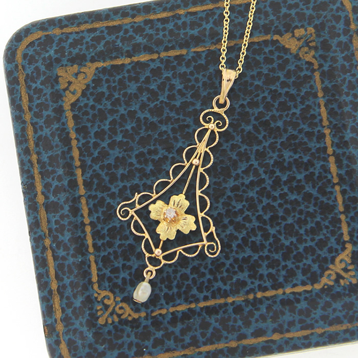 Filigree Diamond and Pearl Pendant Necklace