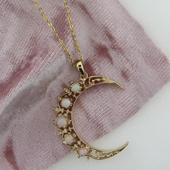 Opal Moon Pendant Necklace - Click Image to Close