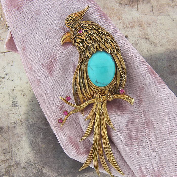 Filigree Turquoise Parrot Brooch