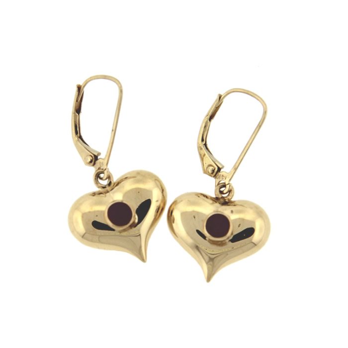 Puffed Heart Ruby Dangle Earrings - Click Image to Close