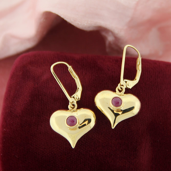 Puffed Heart Ruby Dangle Earrings - Click Image to Close