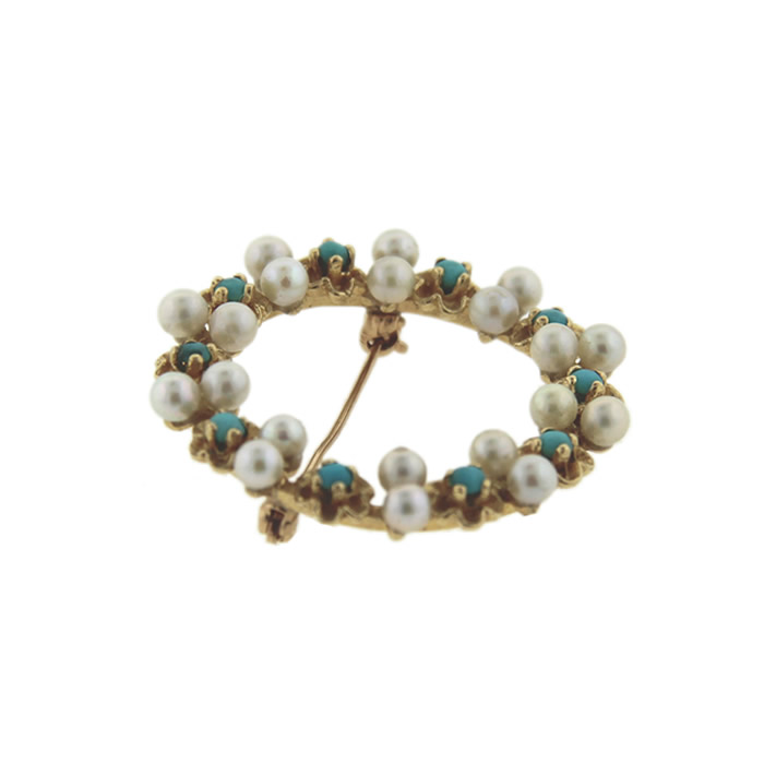Turquoise and Pearl Flower Brooch - Click Image to Close