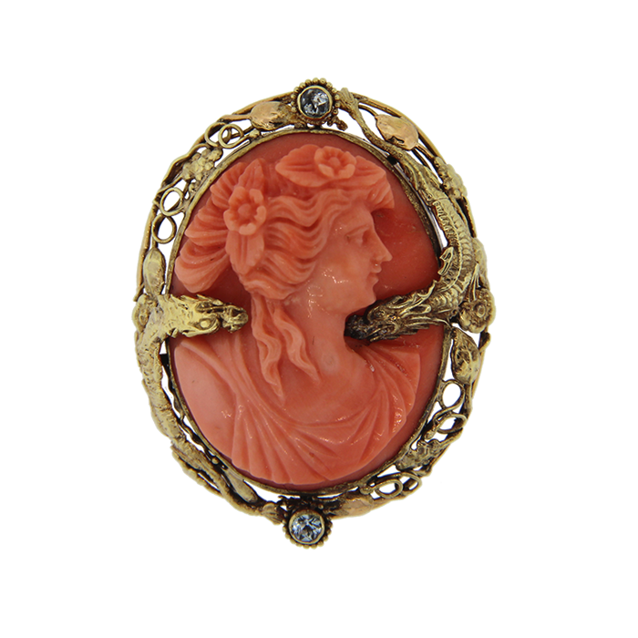 Coral and Blue Topaz Cameo Brooch
